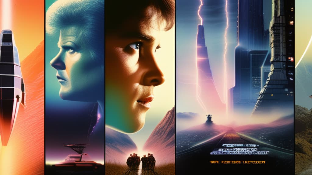 A collage of movie posters from iconic 1980s sci-fi films, including Blade Runner, E.T., Back to the Future, The Terminator, Ghostbusters, and Aliens.